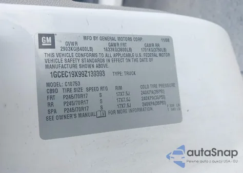 2009 Chevrolet Silverado 1500 Work Truck from USA, damaged, VIN 1GCEC19X99Z139393